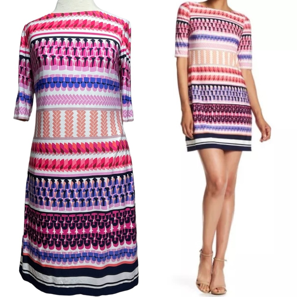 NWT Eliza J Womens Pink Purple Multi Color Geometric Striped Shift Dress Size 4
